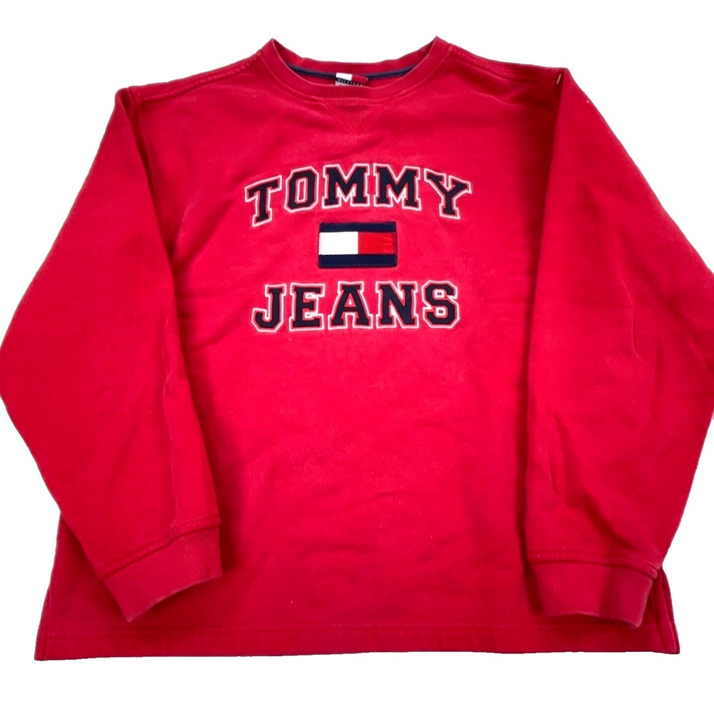 Vintage Tommy Hilfiger Sweatshirt Women Medium Red Crew Neck Sweater 90s Y2K 00s